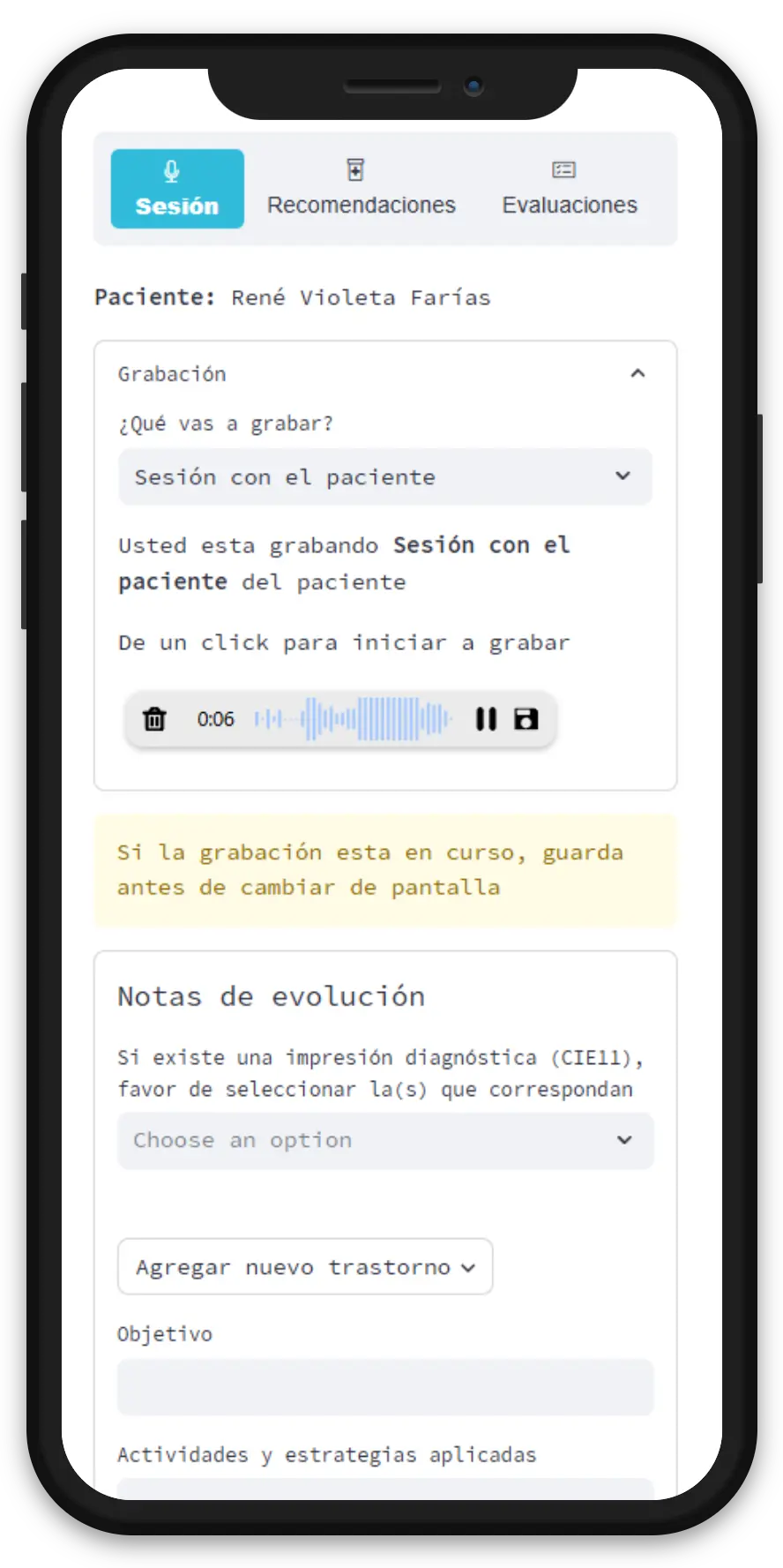 aplicación de psicología IRENE grabando sesión en un movil Celular con IRENE grabando sesión psicológica