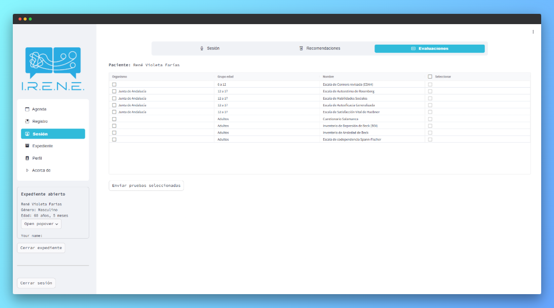 Monitor de PC con ventana de evaluaciones psicológicas de la aplicación IRENE Monitor con la pantalla de evaluaciones psicológicas de la aplicación IRENE